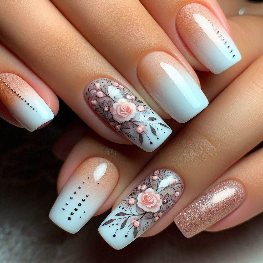 Floral Fantasy Medium Square White Ombre with Exquisite Rose Design and Glitter Accents Nail Set