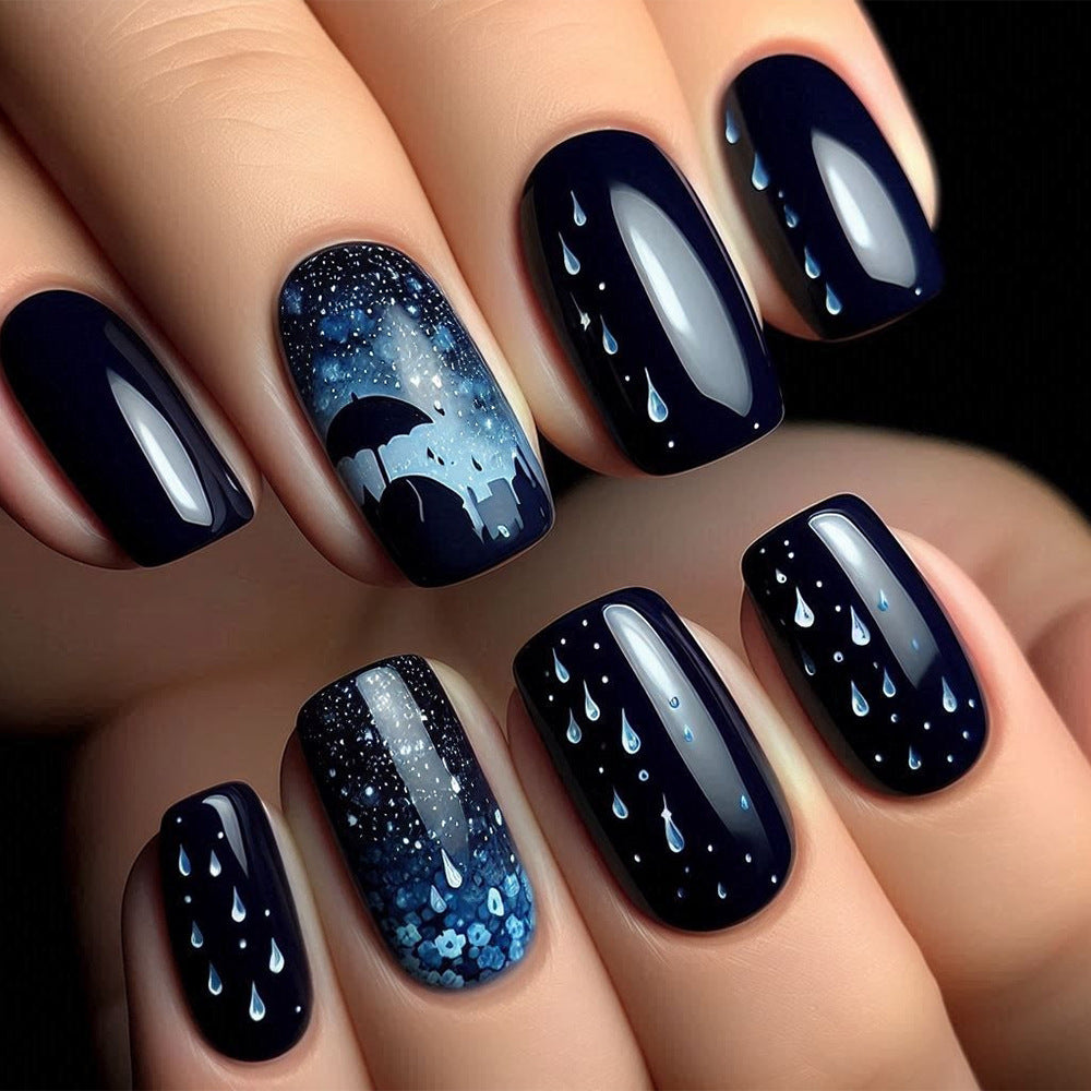 Enchanting Evening Charcoal Press-On Nail Set Short Square Shaped Deep Blue Glossy Finish with Unique Umbrella and Raindrop Design