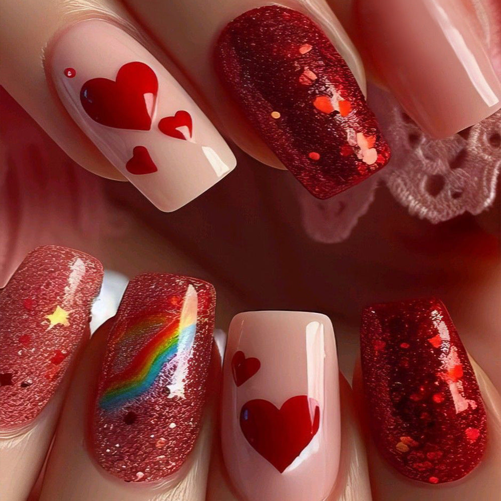 Romantic Heartbeat Medium Square Red and Glittery with Rainbow Accent Press On Nail Set