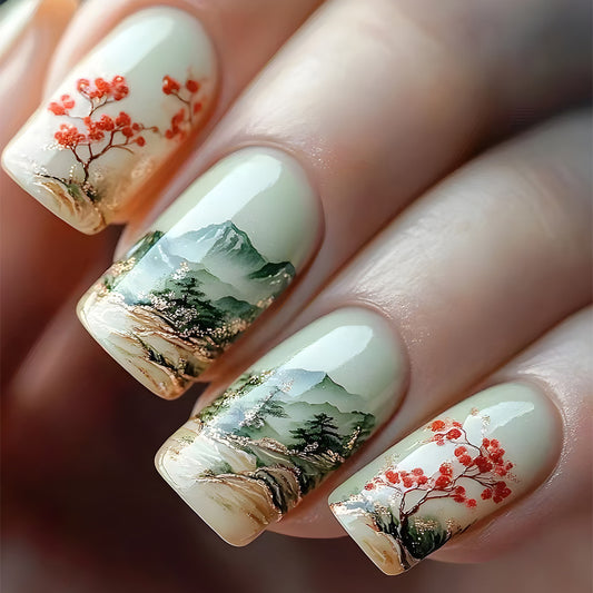 Tranquil Nature Short Square Green Scenic Nail Set with Artistic Landscape Details