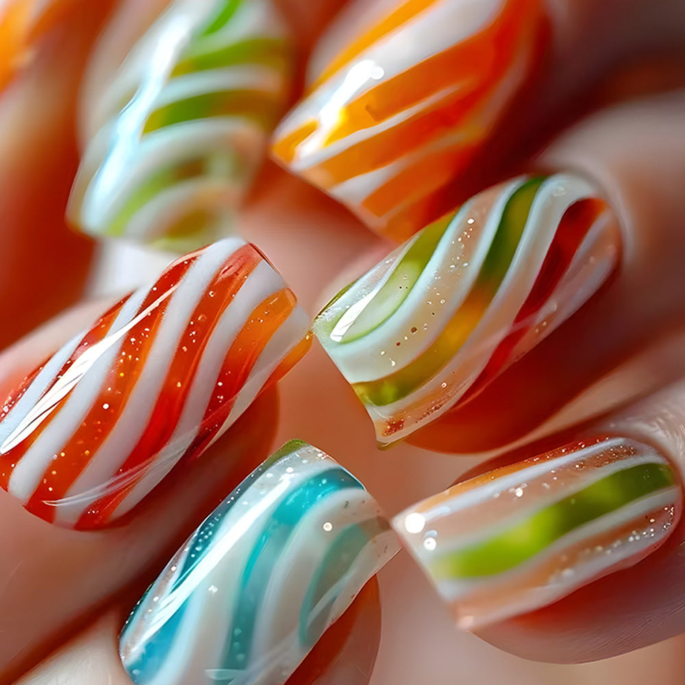 Tropical Paradise Medium Square Multi-Colored Swirl Design Press on Nail Set