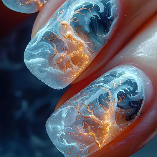 Enchanted Ocean Medium Squoval Gel Press on Nail Set Soft Blue with Radiant Gold Veins