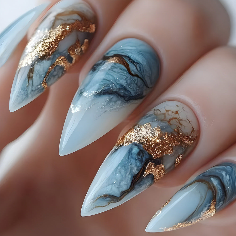 Celestial Dreams Medium Stiletto Blue Marble Press On Nail Set with Gold Foil Accents