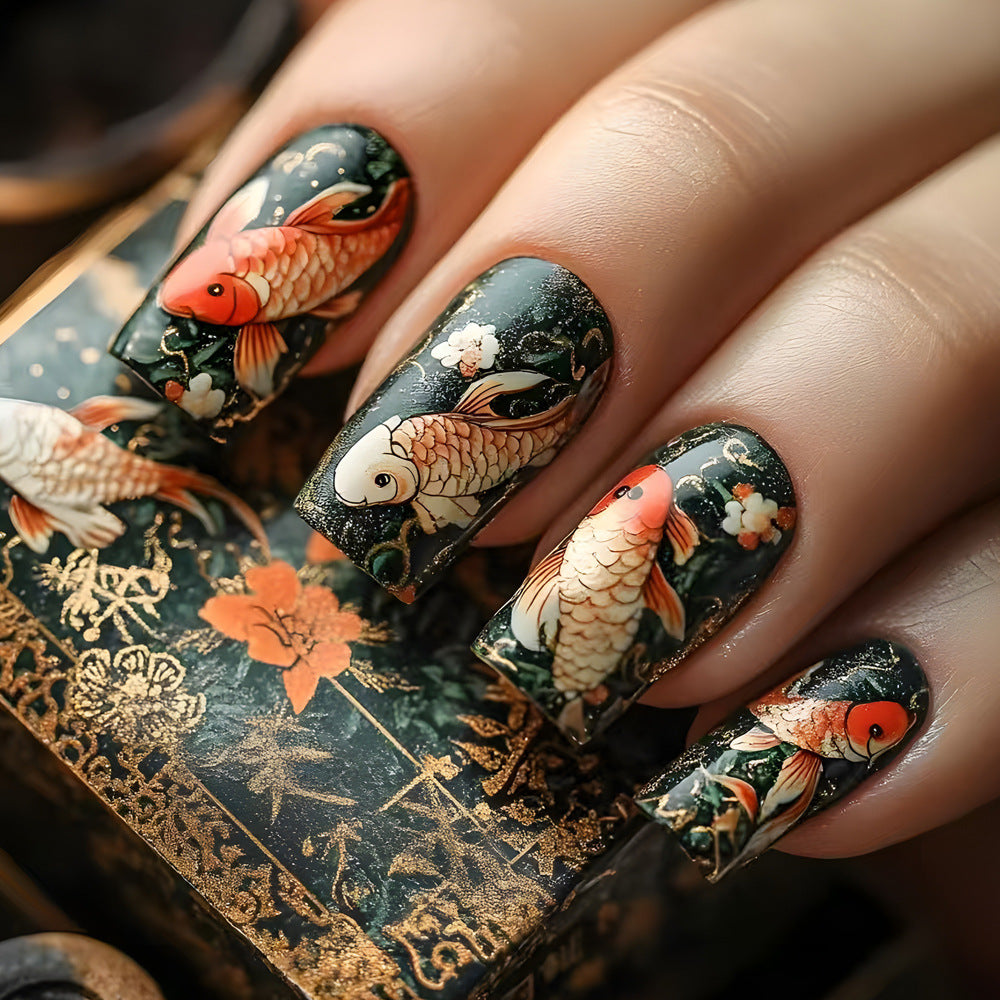 Aquatic Elegance Glossy Square Medium Length Dark Green Press On Nail Set Featuring Intricate Koi Fish Art