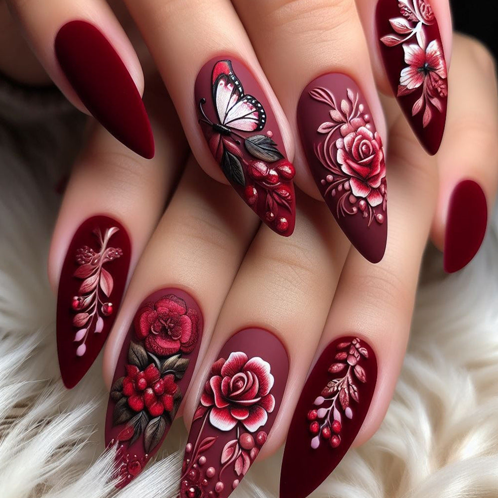 Romantic Floral Elegance Medium Almond Maroon Matte Nails with Intricate Blossom and Butterfly Designs