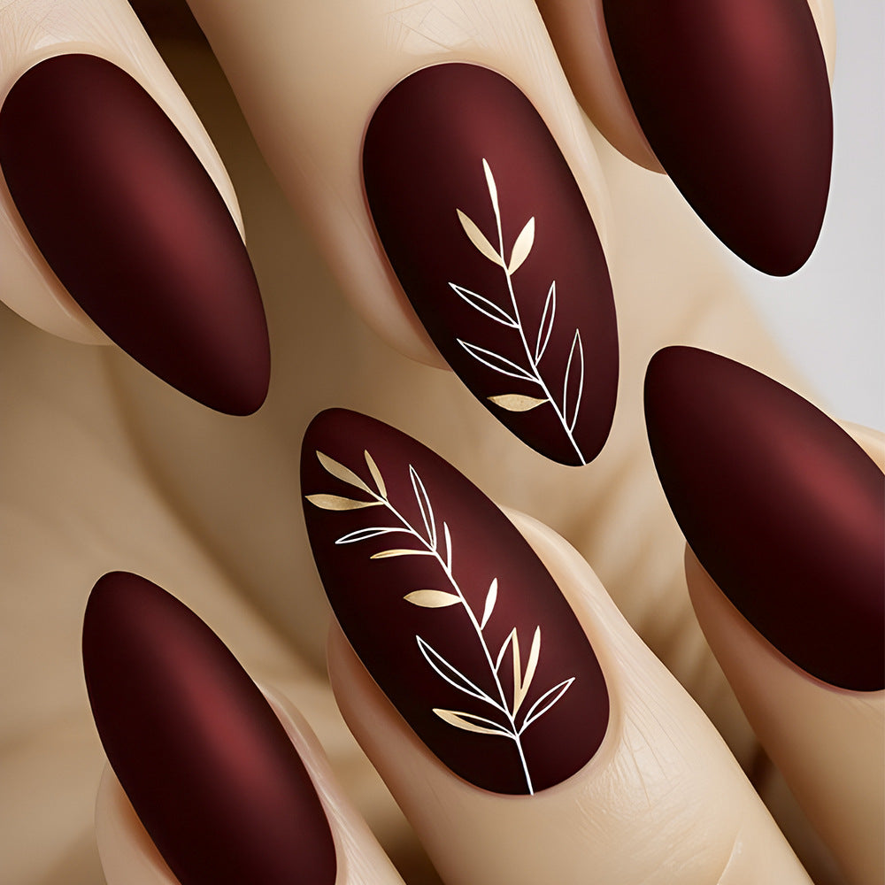 Autumn Elegance Medium Almond Deep Burgundy Nails with Leaf Design
