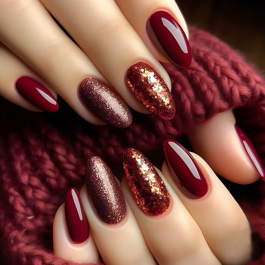 Autumn Elegance Deep Burgundy Medium Almond Shaped Glitter and Gloss Press On Nail Set