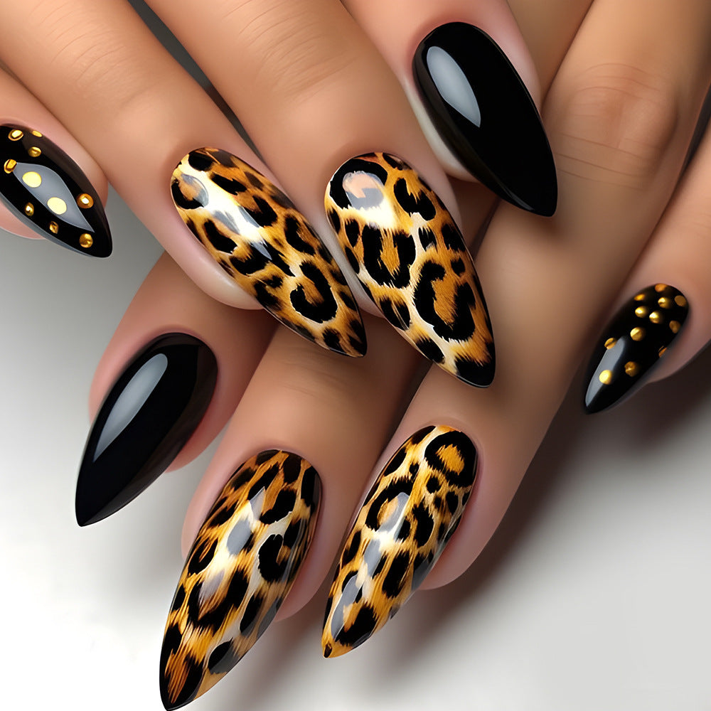 Wild Safari Chic Long Stiletto Black and Brown Leopard Print Press On Nail Set with Glamorous Gold Studs