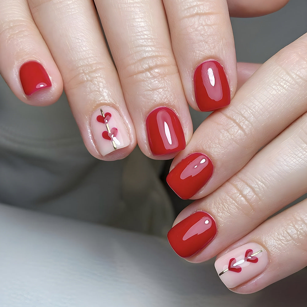 Romantic Elegance Short Square Red Press On Nail Set with Charming Heart Design