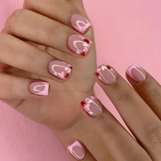 Cupid's Kiss Glamour Press on Nail Set in Short Square Shape Soft Pink with Heart Design