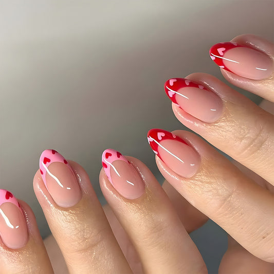 Love Struck Romantic Short Almond Pink and Red Heart Tip Press On Nail Set with Glossy Shine