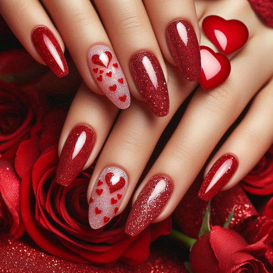 Romantic Elegance Long Almond Red with Glittering Heart Design Press On Nail Set