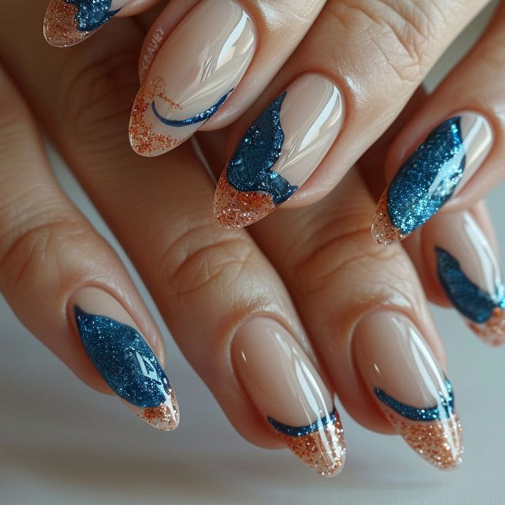 Oceanic Dream Stiletto Medium Almond Shape Glittery Blue and Rose Gold Press On Nail Set