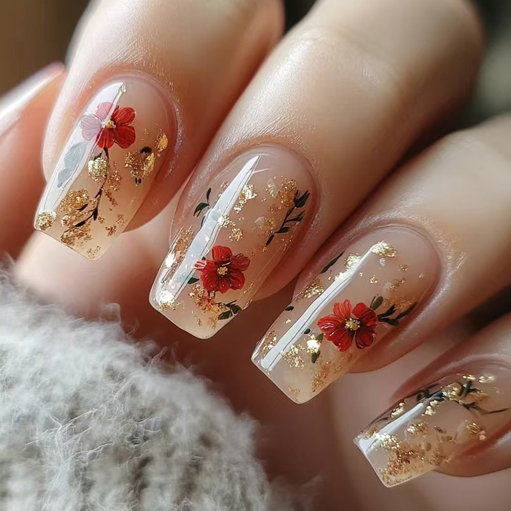 Floral Elegance Medium Square Glossy Beige Press On Nails with Gold Foil and Bright Red Blooms