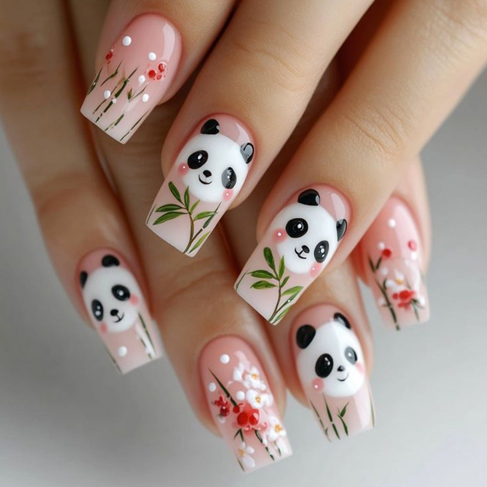 Panda Paradise Medium Square Pink Press-On Nail Set Featuring Adorable Panda Designs and Floral Accents