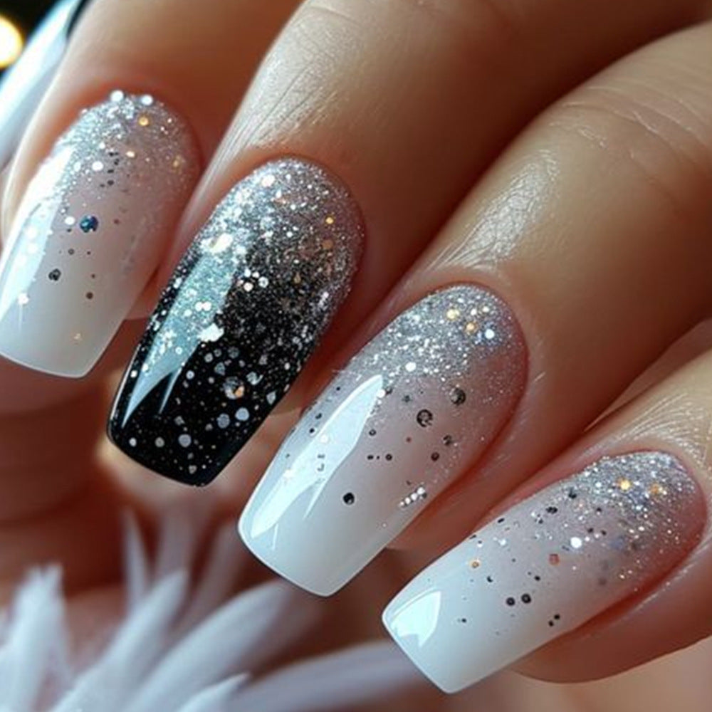 Sparkling Night Sky Long Coffin White and Black Ombre Glitter Press On Nail Set