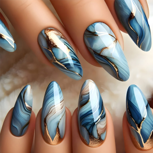 Ocean Dream Long Oval Shaped Glossy Blue Marble Effect Press On Nail Set