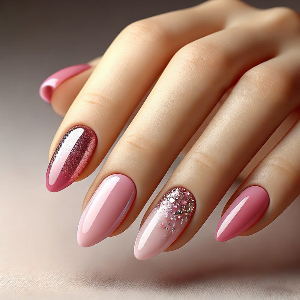 Chic Elegance Medium Almond Pink with Glittery Accent Press On Nail Set