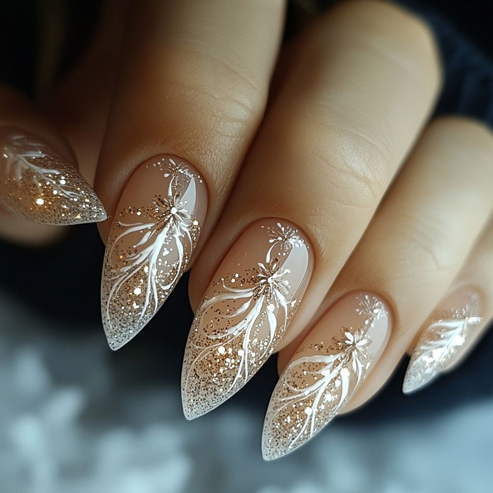 Enchanting Elegance Medium Stiletto Beige with Sparkling Floral Design Press On Nail Set