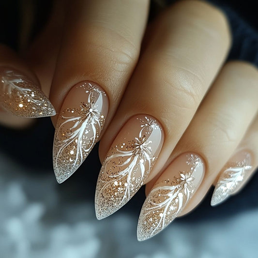 Enchanting Elegance Medium Stiletto Beige with Sparkling Floral Design Press On Nail Set