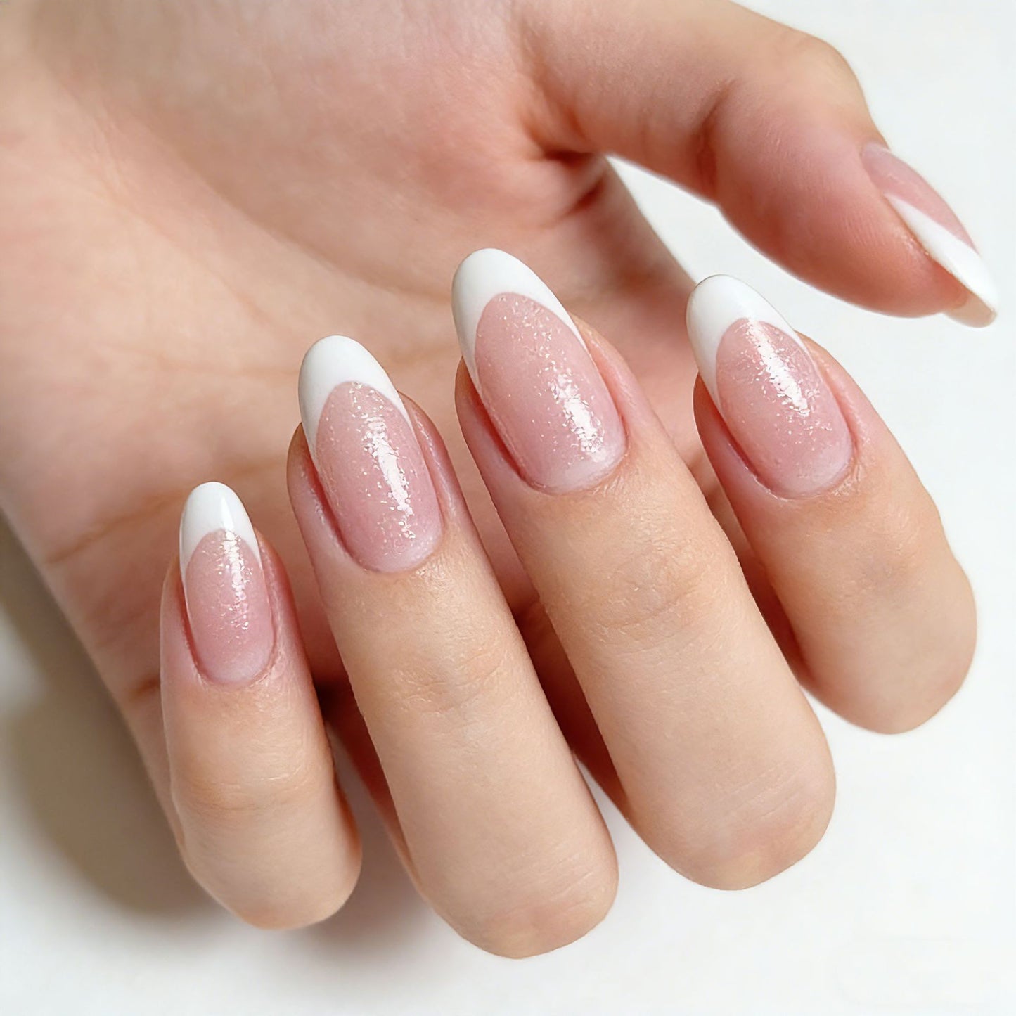 Glamorous Elegance Medium Almond Shaped Pink and White Press On Nails with Sparkling Finish