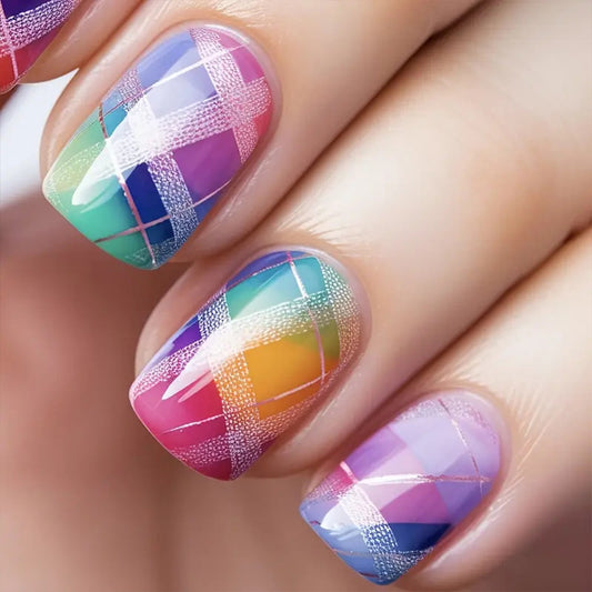 Rainbow Harmony Short Square Colorful Plaid Press On Nail Set