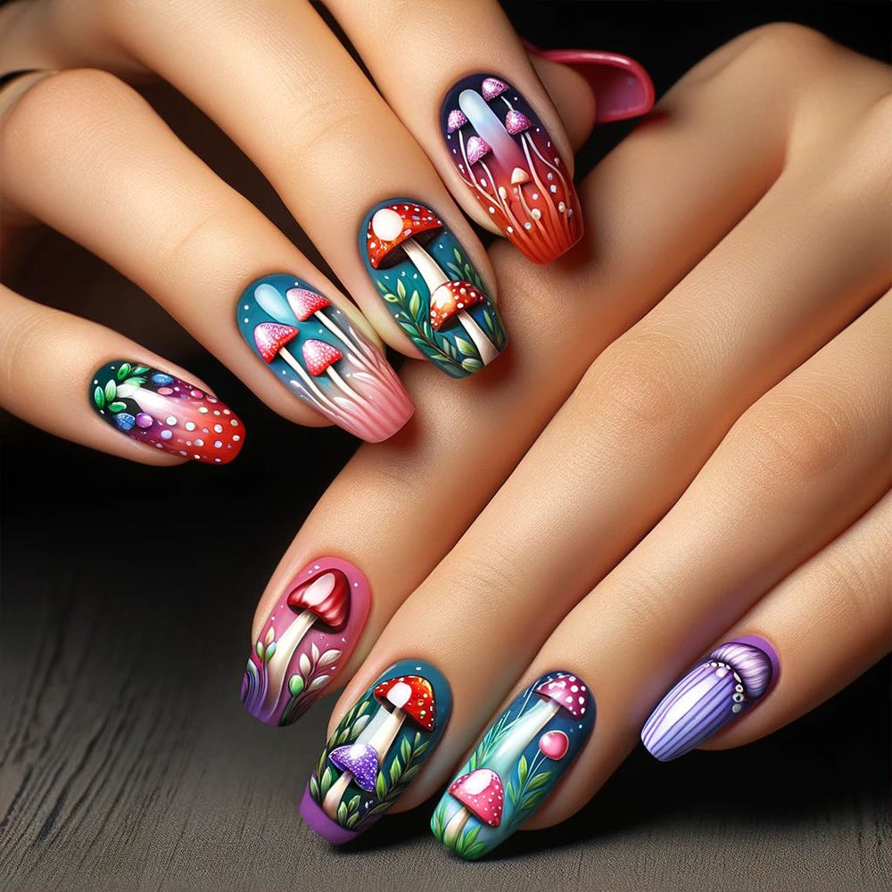 Enchanted Garden Long Coffin Colorful Mushroom Nail Set