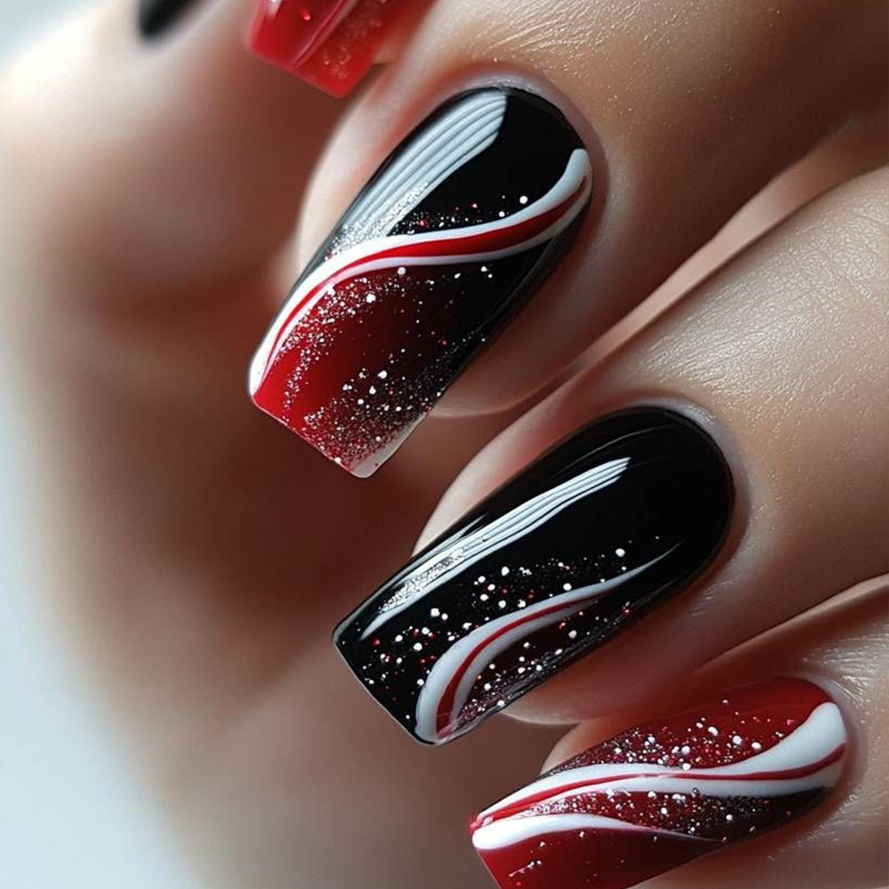 Mystical Midnight Glamour Medium Square Red and Black Gradient with Sparkling Swirls Press-On Nail Set