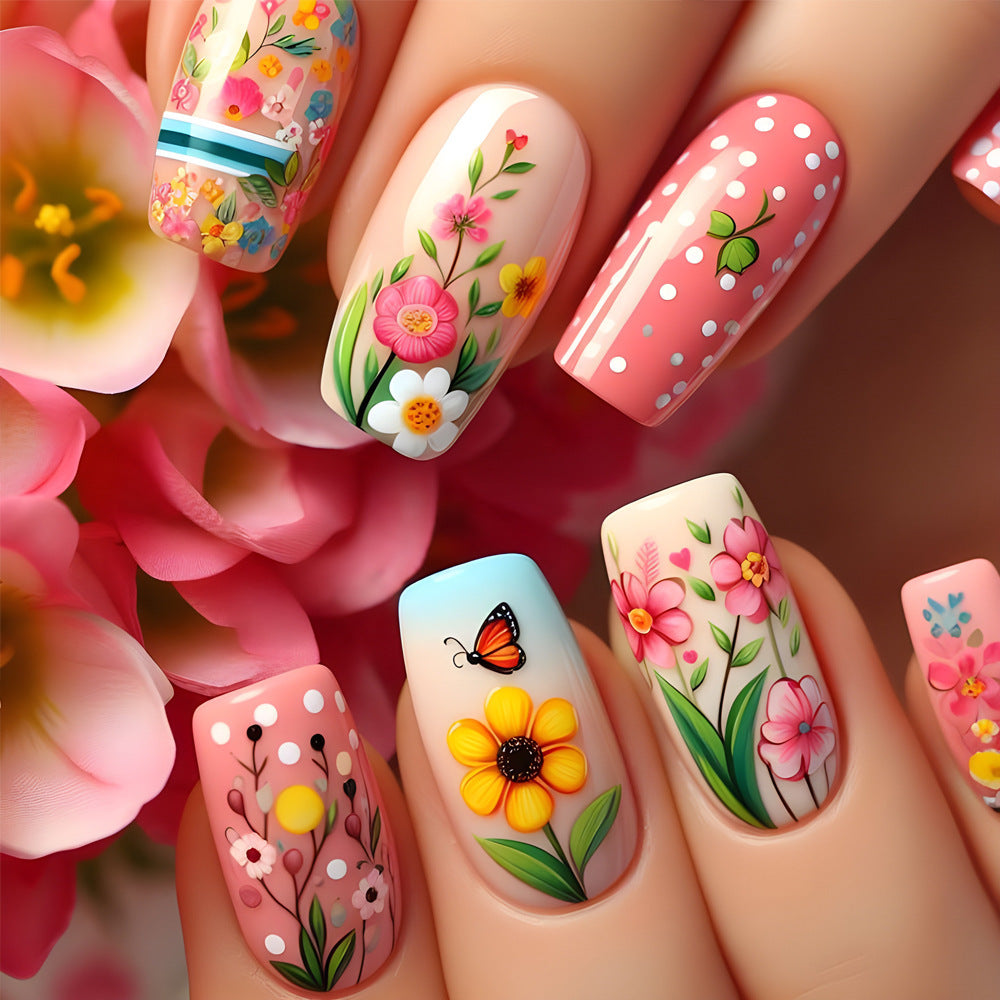 Blossom Garden Long Coffin Pink Floral Press On Nail Set with Vibrant Three Dimensional Accents
