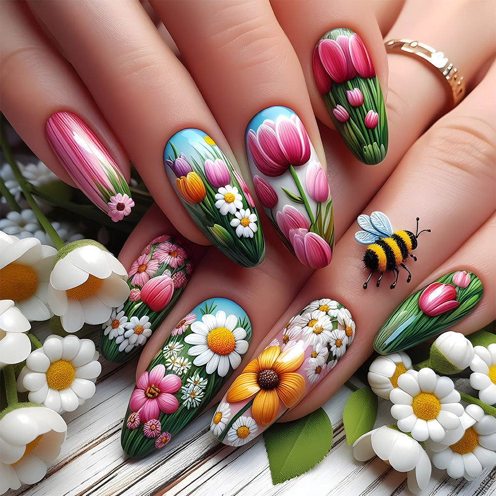Blooming Garden Flair Long Almond Multicolor with Floral Details Press On Nail Set