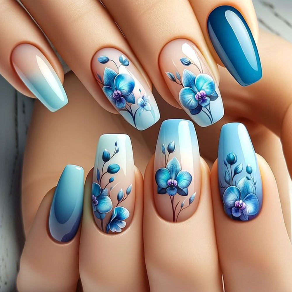 Charming Floral Breeze Medium Square Blue Ombre Press On Nail Set with Elegant Flower Art