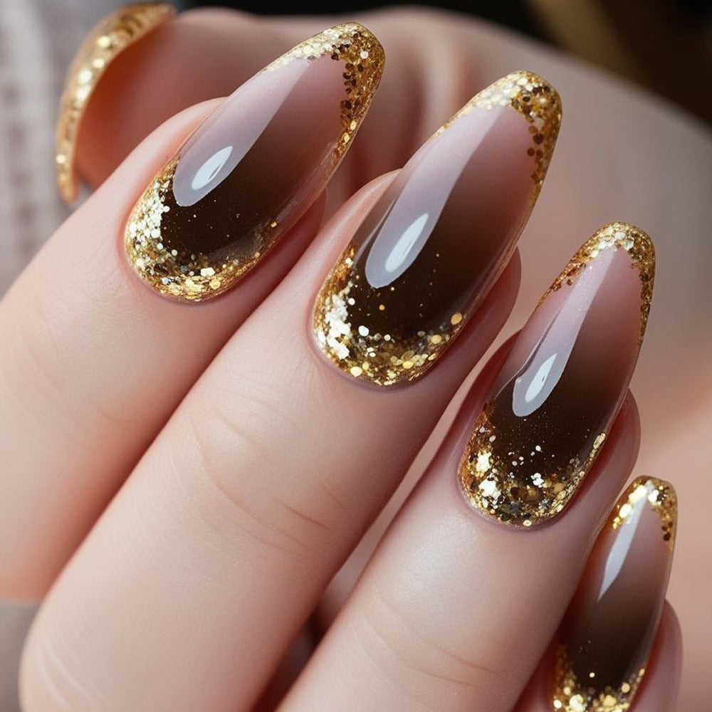 Glamorous Golden Glimmer Medium Almond Brown Ombre Glitter Press On Nail Set