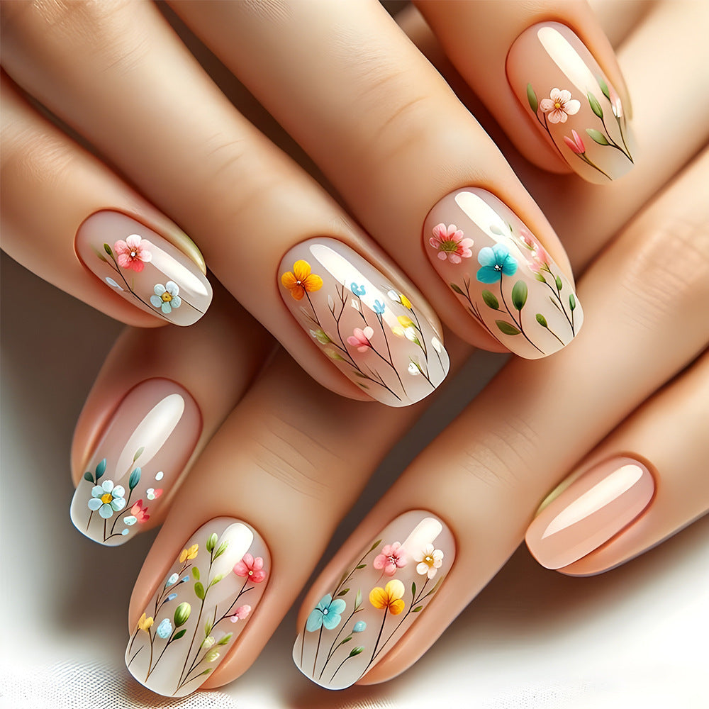 Blooming Garden Medium Squoval Pastel Floral Press On Nail Set with Unique Hand-Painted Design