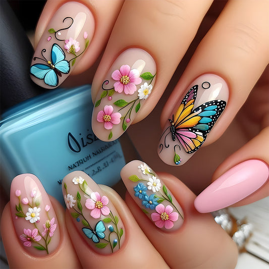 Whimsical Garden Medium Almond Pink with Floral and Butterfly Design Nail Set