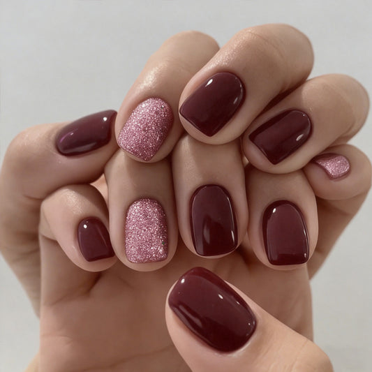 Glamorous Fall Essence Short Square Burgundy and Sparkling Pink Duo Press-On Nail Set
