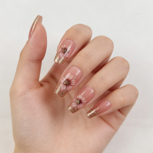 Ethereal Garden Long Coffin Pink with Glittering Gold Tips and Delicate Floral Accents Press On Nail Set