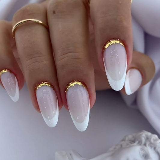 Elegant Gold Trimmed Medium Almond Press On Nail Set in Long White with Metallic Accents