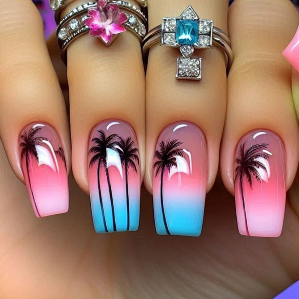 Tropical Sunset Medium Square Ombre Pink and Blue Nail Set with Palm Tree Design