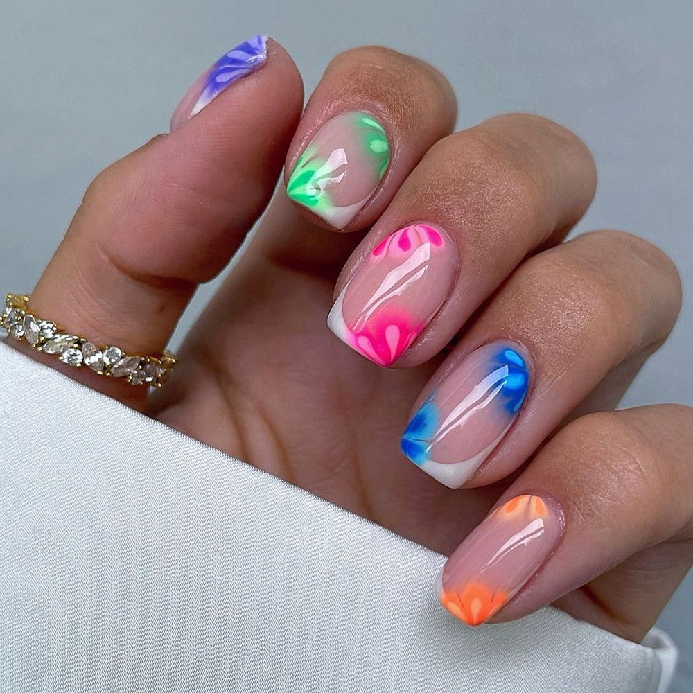 Vibrant Ocean Breeze Acrylic Short Square Neon Marble Design Press-On Nail Set