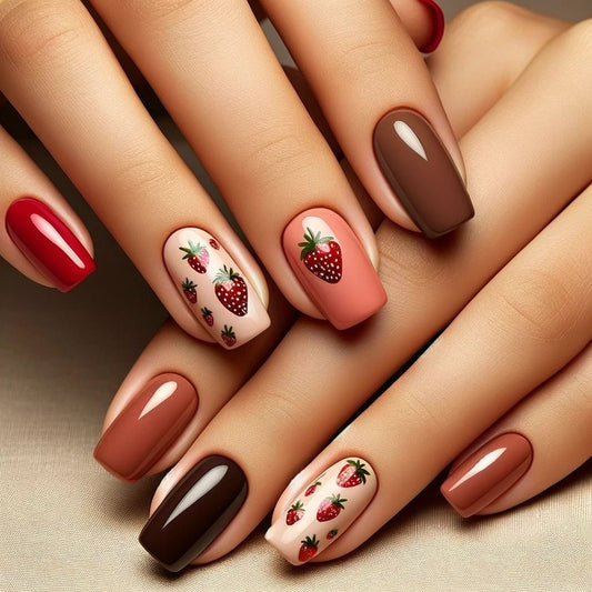 Berry Bliss Medium Square Burgundy Pink Brown with Charming Strawberry Art Press On Nail Set