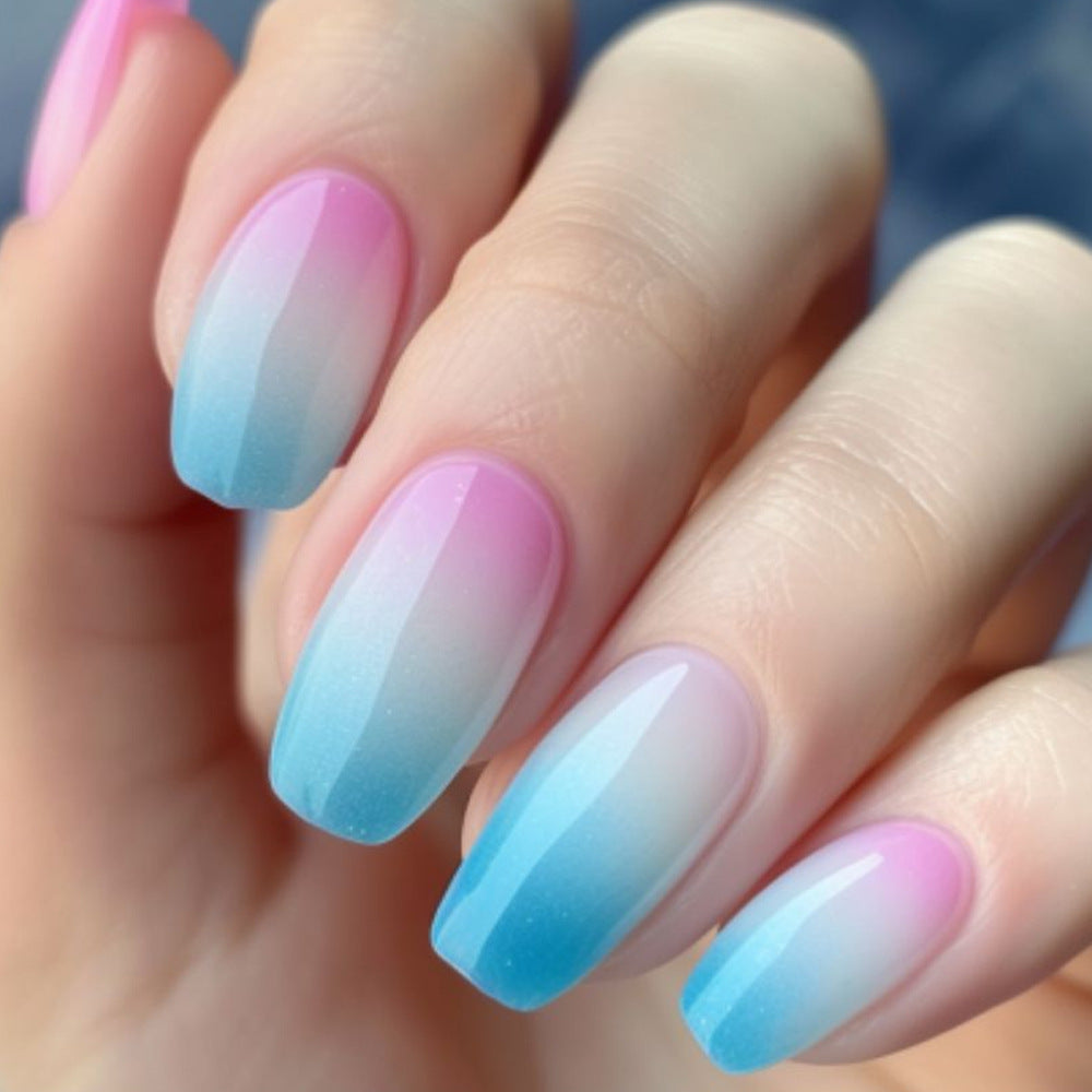 Dreamy Oasis Medium Coffin Ombre Pink and Blue Gradient Press On Nail Set with Iridescent Shine