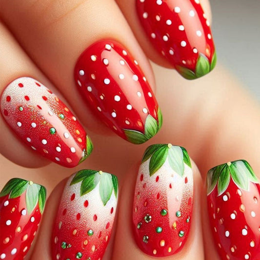 Strawberry Delight Short Coffin Red with Green Leaf Accents and Polka Dot Design Press on Nail Set