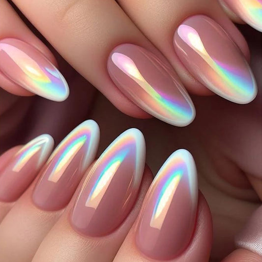 Dreamy Aurora Medium Almond Shaped Pink and White Press On Nail Set with Iridescent Shine