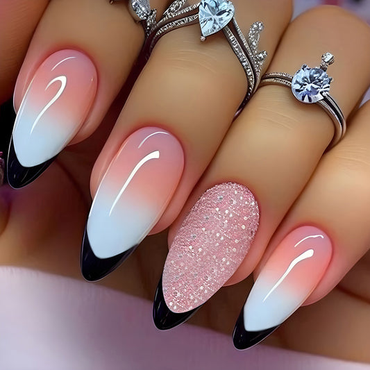 Glamorous Medium Stiletto Ombre Pink and White Press On Nail Set with Sparkling Accent
