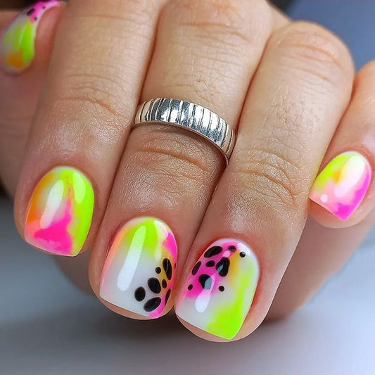 Vibrant Adventure Neon Short Square Press On Nail Set with Unique Abstract Design