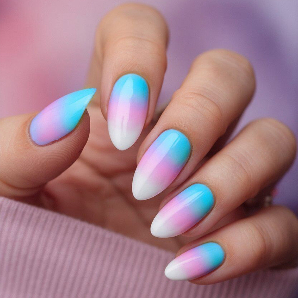 Dreamy Ombre Medium Oval Gradient Blue and Pink Press On Nail Set with Glossy Finish