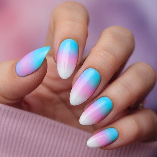 Dreamy Ombre Medium Oval Gradient Blue and Pink Press On Nail Set with Glossy Finish