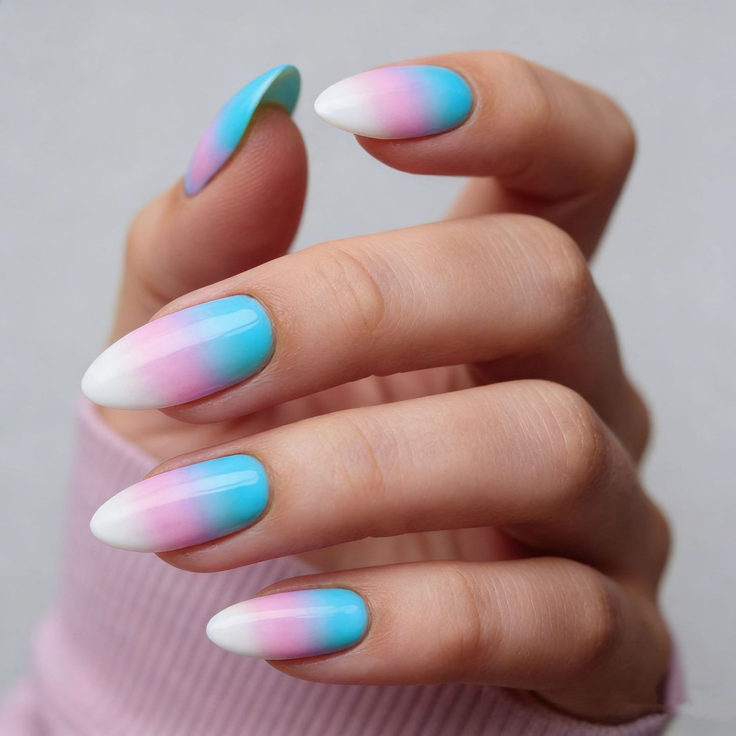 Dreamy Ocean Vibes Long Almond Blue Pink Ombre Press On Nail Set with Glossy Finish