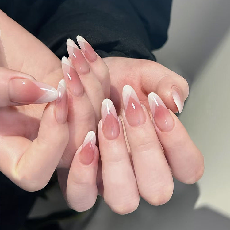Elegant Rose Ombre Almond Press On Nail Set in Long Shape with Soft Pink and White Tips Featuring a Glossy Finish