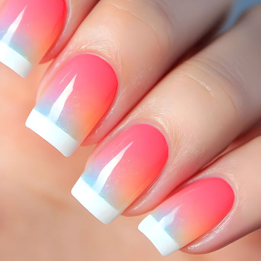 Tropical Sunset Short Square Press-On Nail Set in Ombre Pink with Glittery Tips